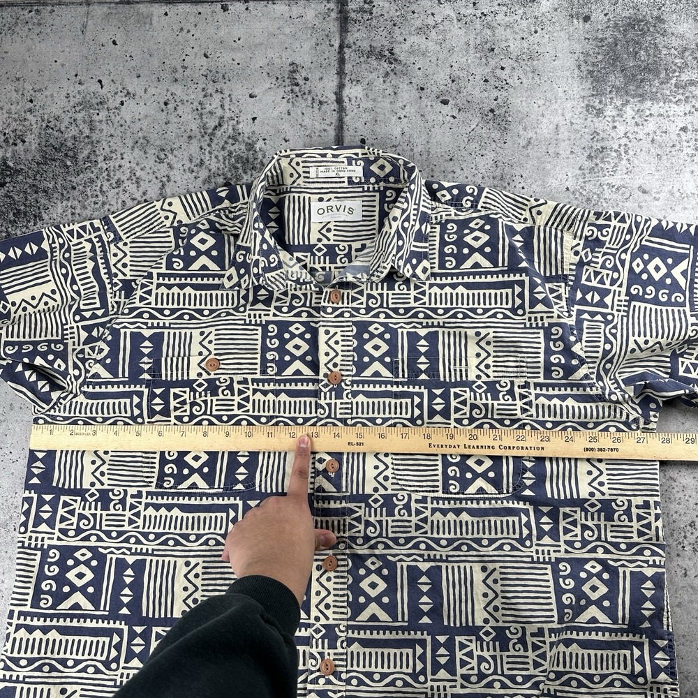 VTG 90s Orvis Shirt Men Large Polynesian Hawaiian Button Up Camp Gray Tan Beach - Picture 6 of 7